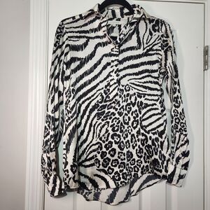 ANN MASHBURN 100% Silk Animal Print Black & Cream Top Womens XS